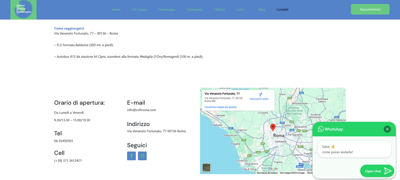 Pagina contatti, Google Maps, e tool di whatsapp del sito del Centro Olistico Fisioterapico