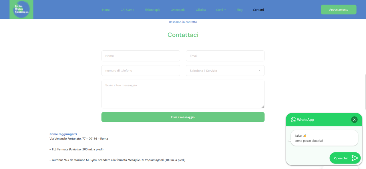 Pulsante e pagina contatti del sito del Centro Olistico Fisioterapico